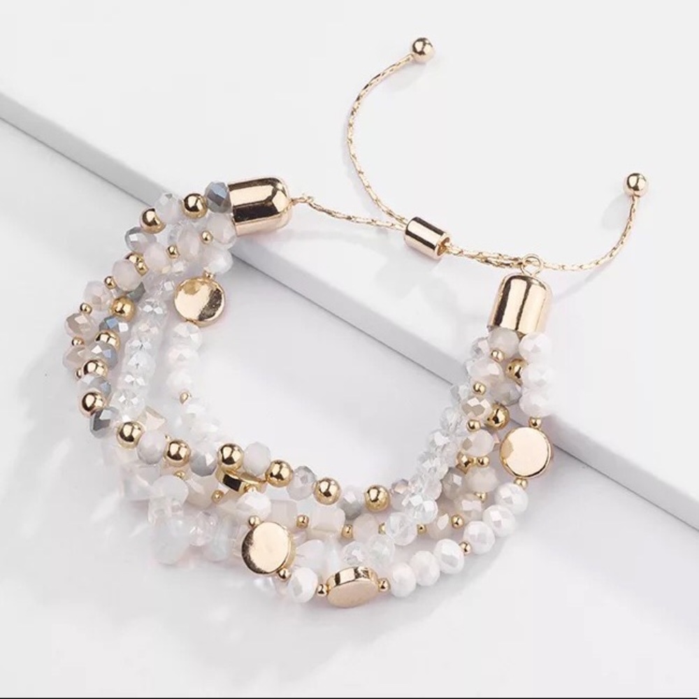 Gold Plated Beaded Iridescent Quartz Adjustable Layered Stacking Bracelet
